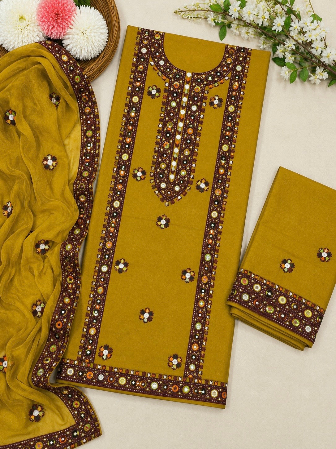 Balochi Multi Thick Thread & 9MM Sitara Heavy Embroidered Lawn Cotton Shirt & Trouser with Chiffon Dupatta | 3 Piece Unstitched Dress