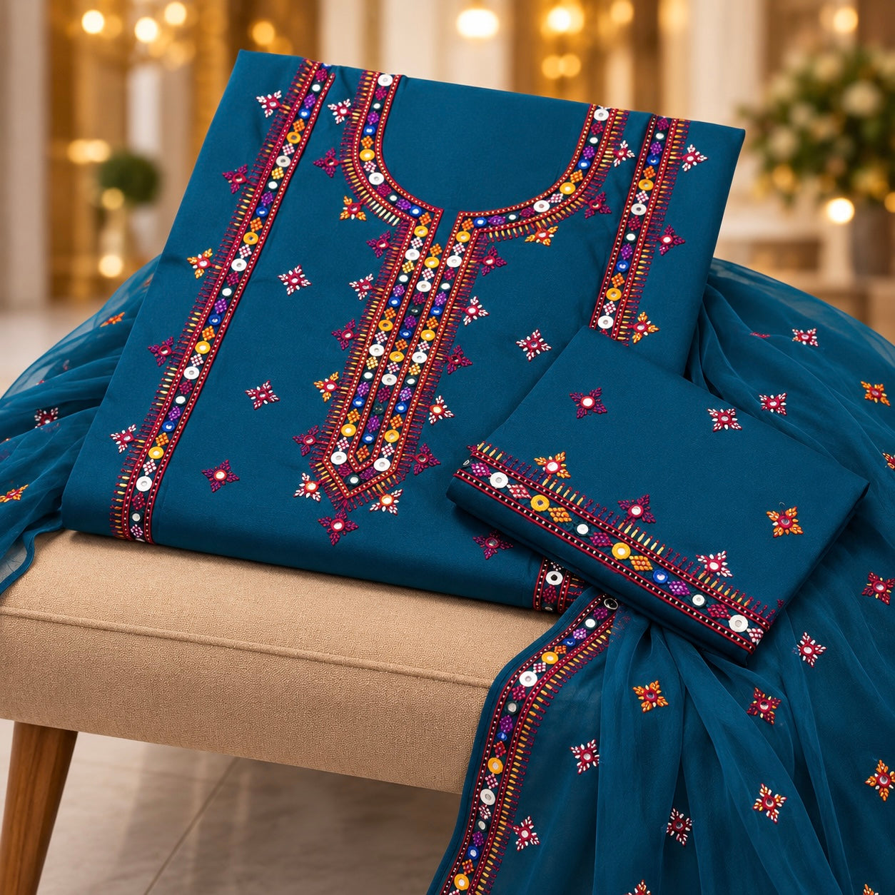 Balochi Gala Bail Daman 9MM Sitara Thick Thread Embroidered Lawn Cotton with Chiffon Dupatta - 3PC Unstitch Dress 👗