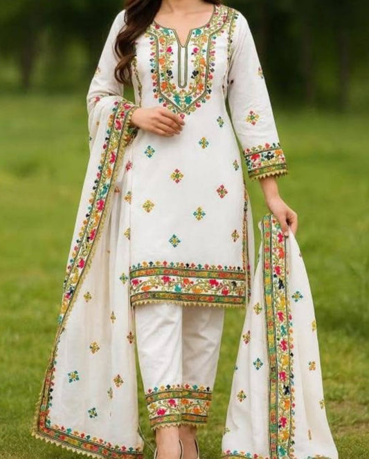 Handmade Style Pakka Tanka Multi Machine Embroidery Unstitch 3pc Dress 👗