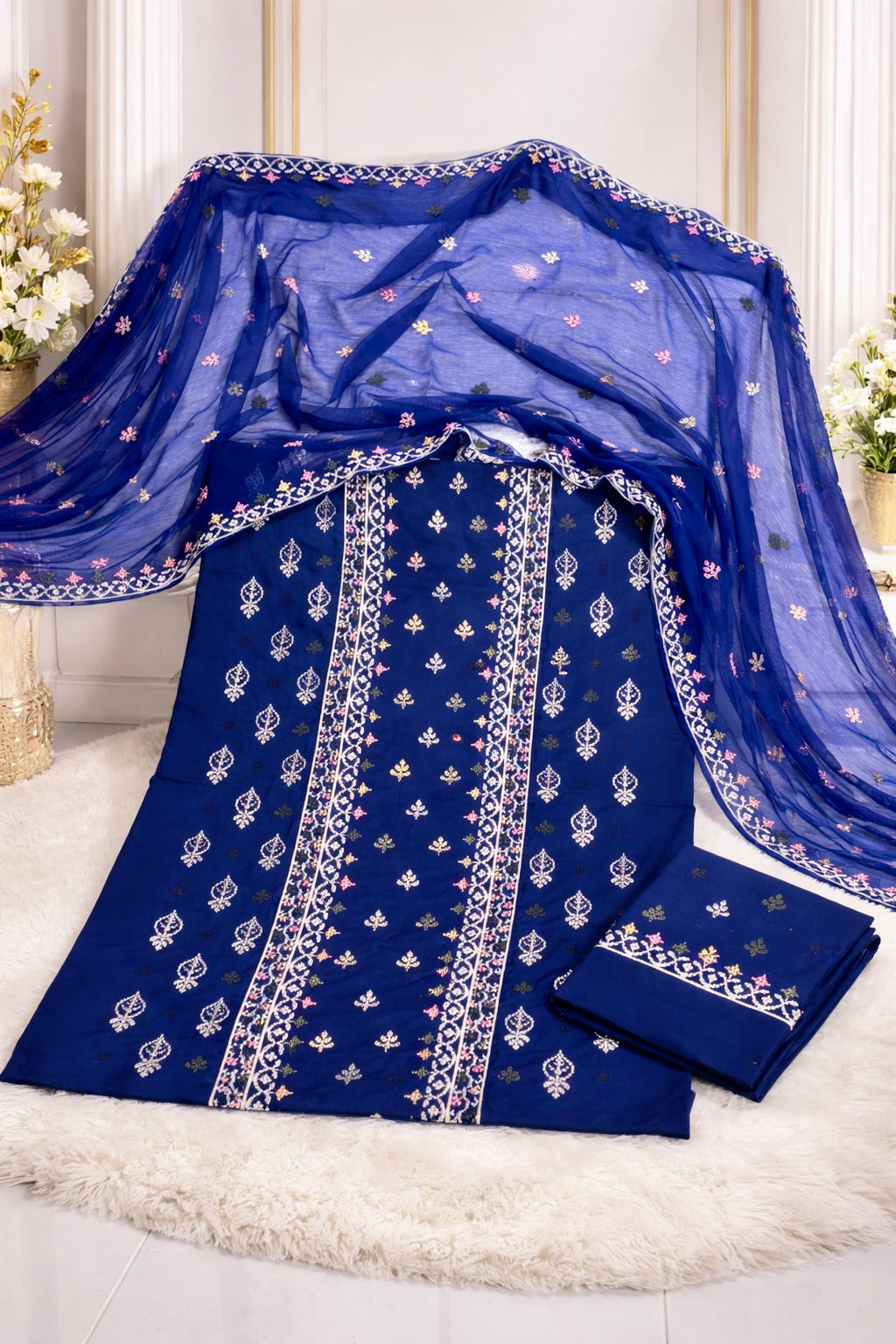 Cross Stitch Sequence Sitara Embroidery Panel Work With Chiffon Dupatta – 3PC Unstitch Dress