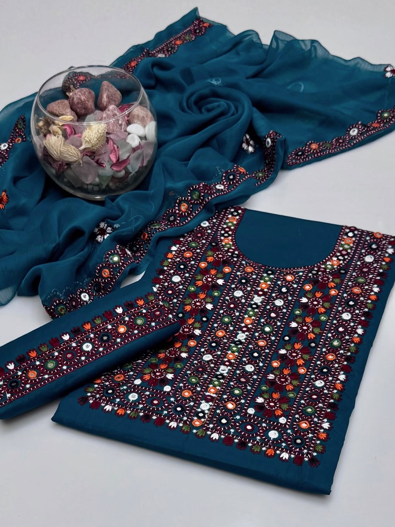Balochi Multi Thick Thread 9MM Sitara Heavy Embroidered Lawn Cotton with Chiffon Dupatta – 3PC Unstitched Dress