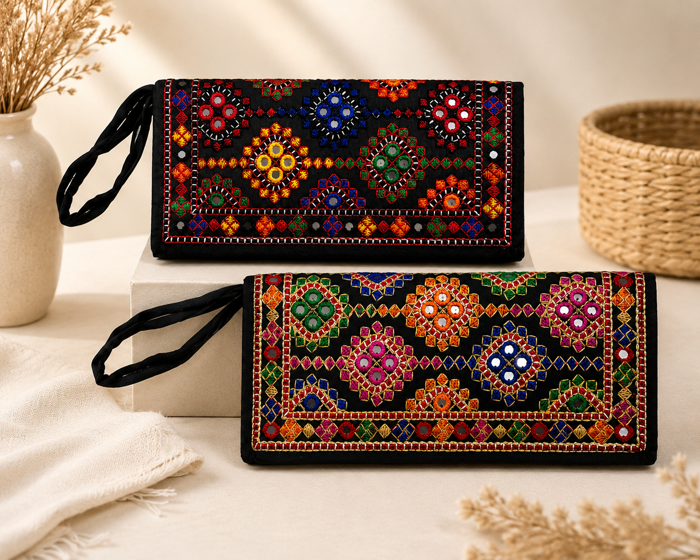 Thick Thread Multi Sitara Embroidered Clutches (Pack of 2)