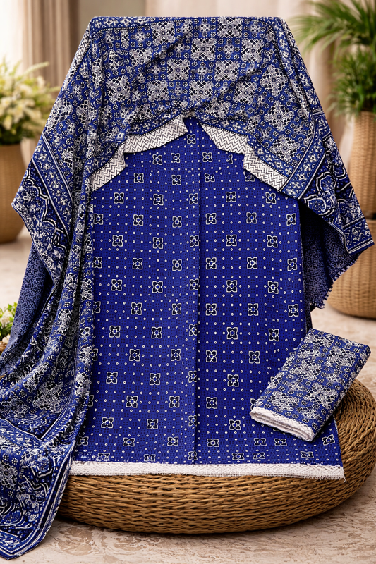 Ajrak Block Print 3 Piece Dress – Soft Cotton Fabric