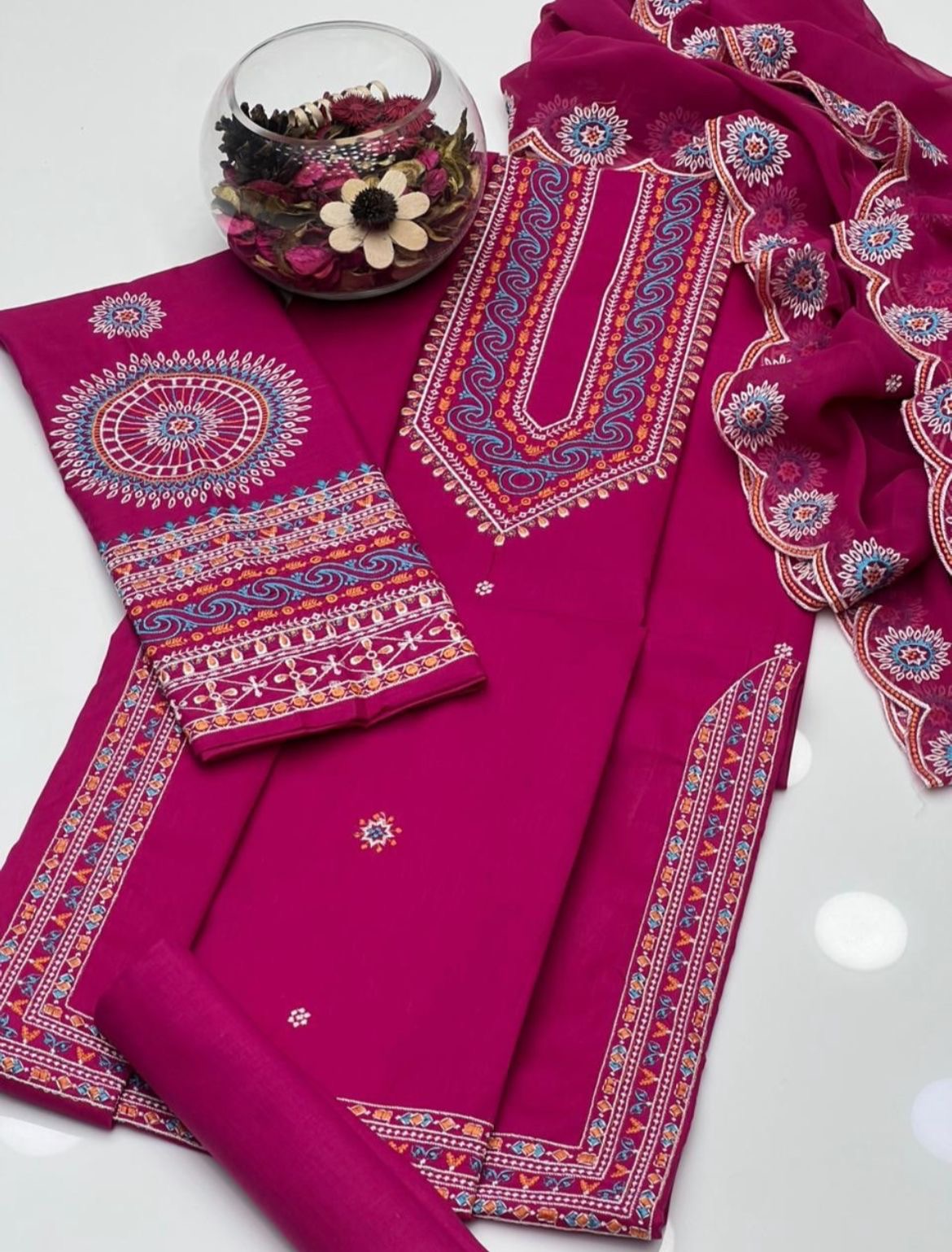 Luxury Lawn Cotton Embroidered 3 Piece Unstitched Suit with Cutwork Chiffon Dupatta