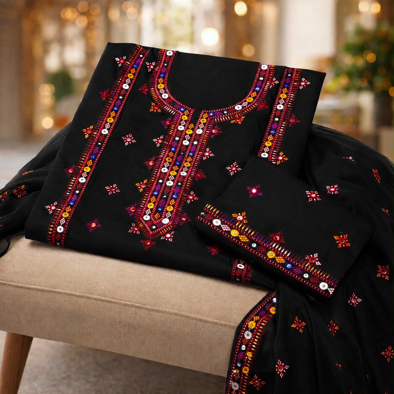 Balochi Gala Bail Daman 9MM Sitara Thick Thread Embroidered Lawn Cotton with Chiffon Dupatta - 3PC Unstitch Dress 👗