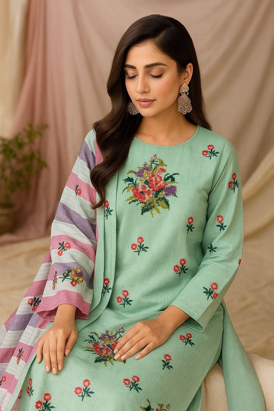 Cross Stitch Embroidery Soft Cotton Khaddar 3pc Dress 👗