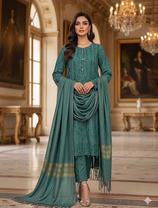 Winter Soft Karandi Khaddar 3 Piece Dress Phulkari Thick Thread Embroidery with Karandi Khaddar Jacquard Dupatta