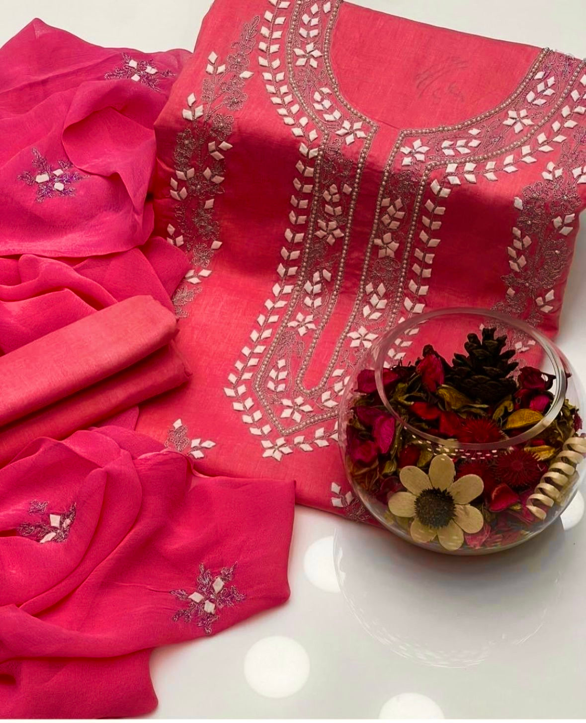 Handmade Applique Leaf, Zari & Pearl Work Lawn Fabric With Chiffon Dupatta 3PC Dress