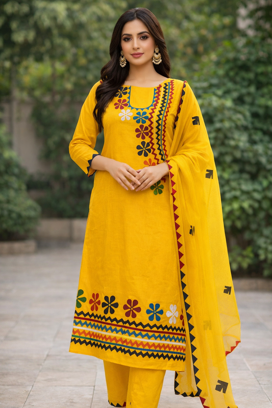 Angrakha Neck Style Multi Applique Work Handmade Soft Cotton Suit with Chiffon Dupatta - 3PC Unstitch Dress 👗