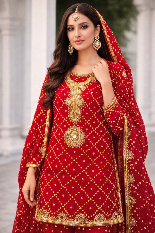 Traditional Gota Mirror Work Chunri 3-Piece Dress (Handmade – Cotton Fabric)