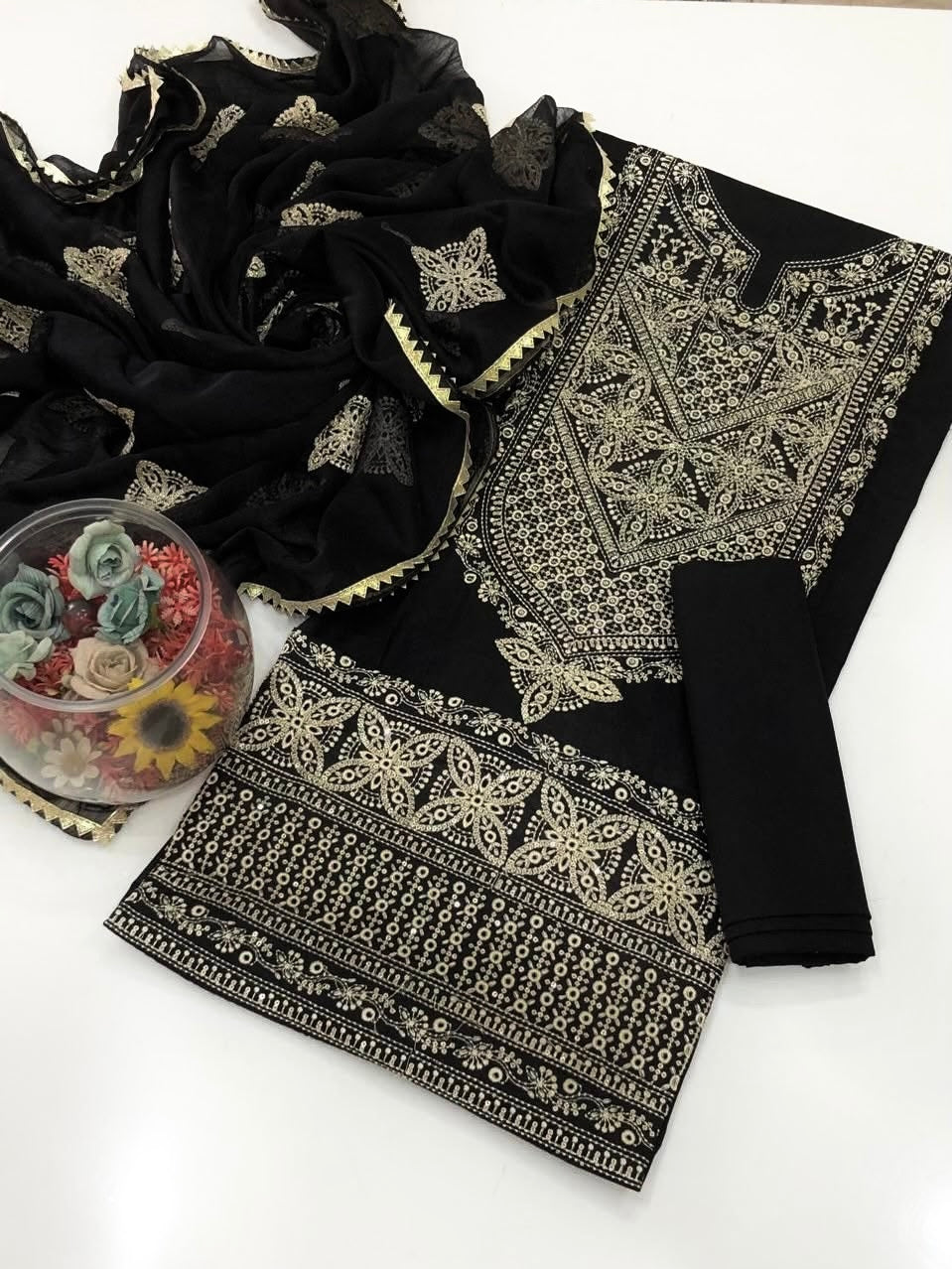 Black Soft Cotton Embroidered Suit with 3mm Sequence Work & Chiffon Dupatta – 3PC Unstitch Dress 👗