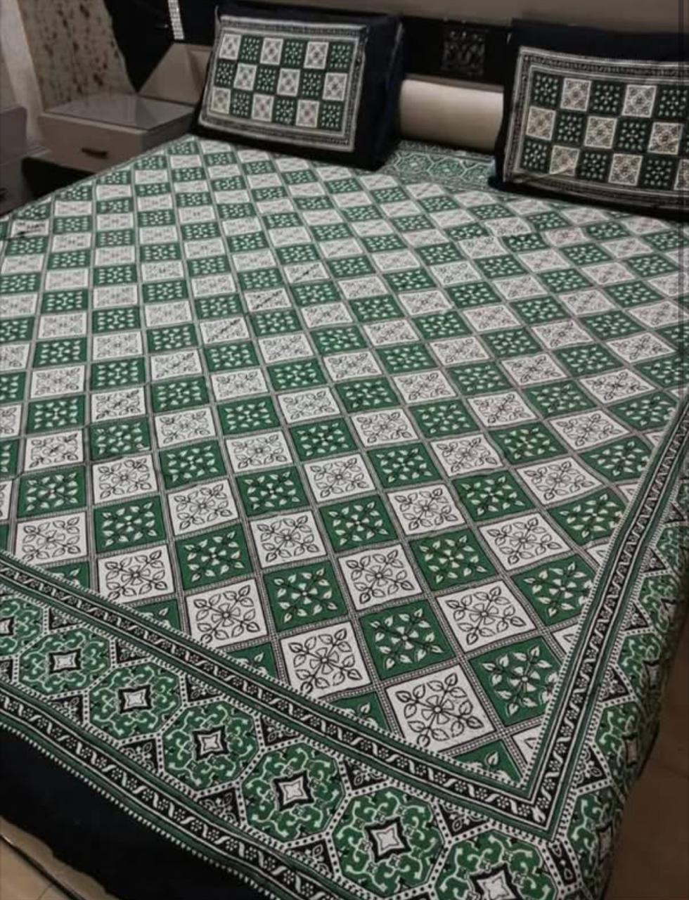 King Size Ajrak Block Hand Print Cotton Stuff Bedsheet Set with 2 Unstitched Pillow Covers