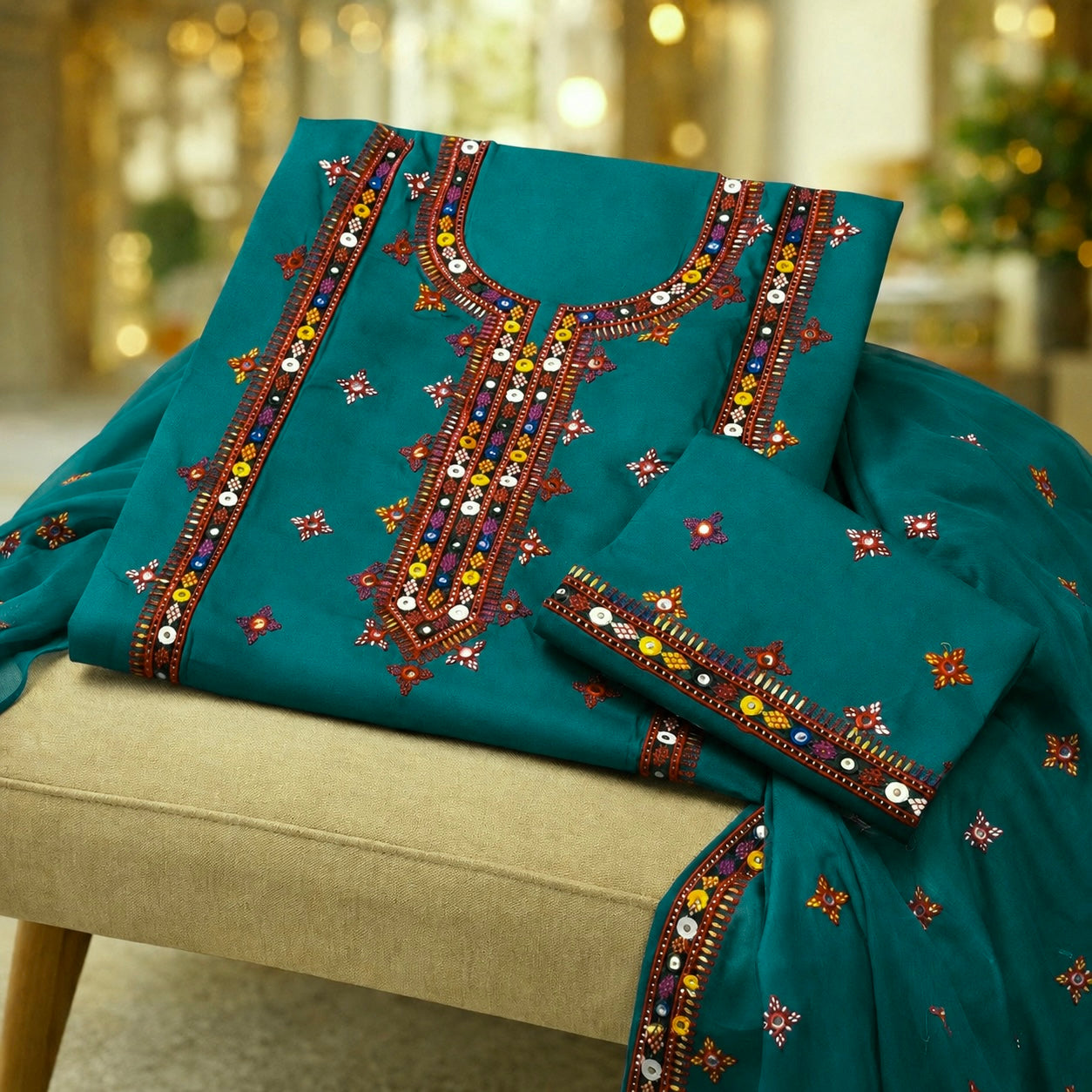 Balochi Gala Bail Daman 9MM Sitara Thick Thread Embroidered Lawn Cotton with Chiffon Dupatta - 3PC Unstitch Dress 👗