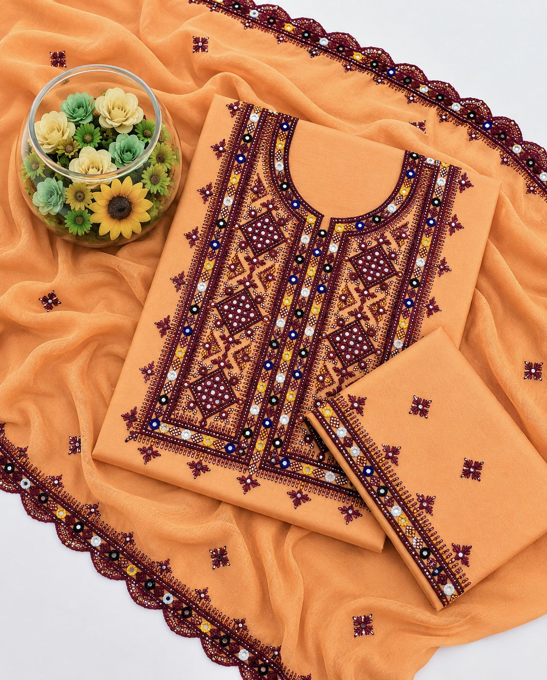 Balochi Thick Thread 9MM Sitara Work Machine Embroidered Soft Cotton with Two Side Cutwork Border Chiffon Dupatta - 3PC Unstitched Dress 👗