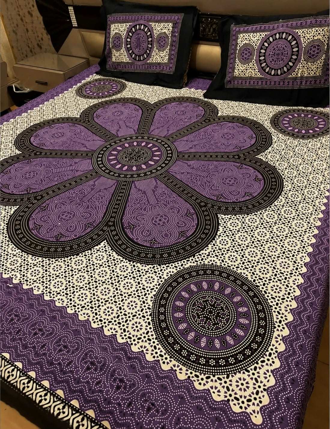 King Size Ajrak Block Hand Print Cotton Stuff Bedsheet Set with 2 Unstitched Pillow Covers