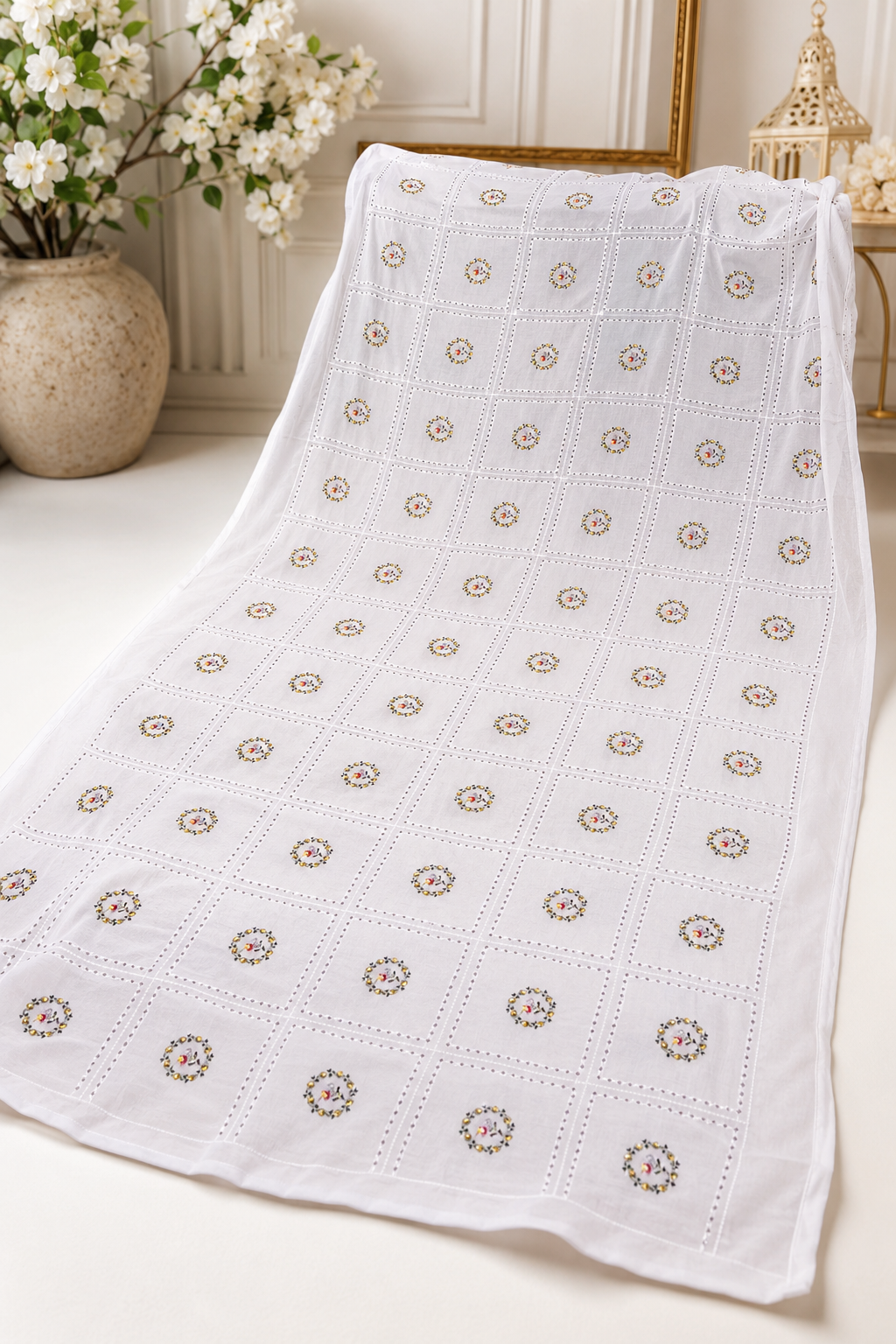 China Swiss Lawn Ladies Shawl with All Over Check Jaal Sequence Sitara Embroidery