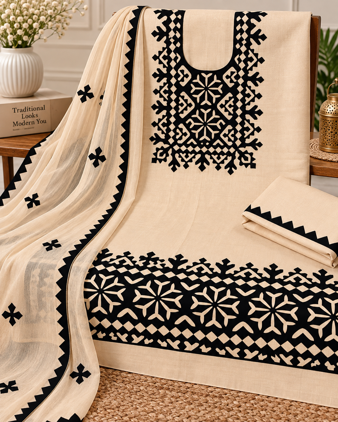 Pure Fancy Handmade Applique Work Soft Cotton Suit with Chiffon Dupatta – 3 Piece Unstitched Dress 👗