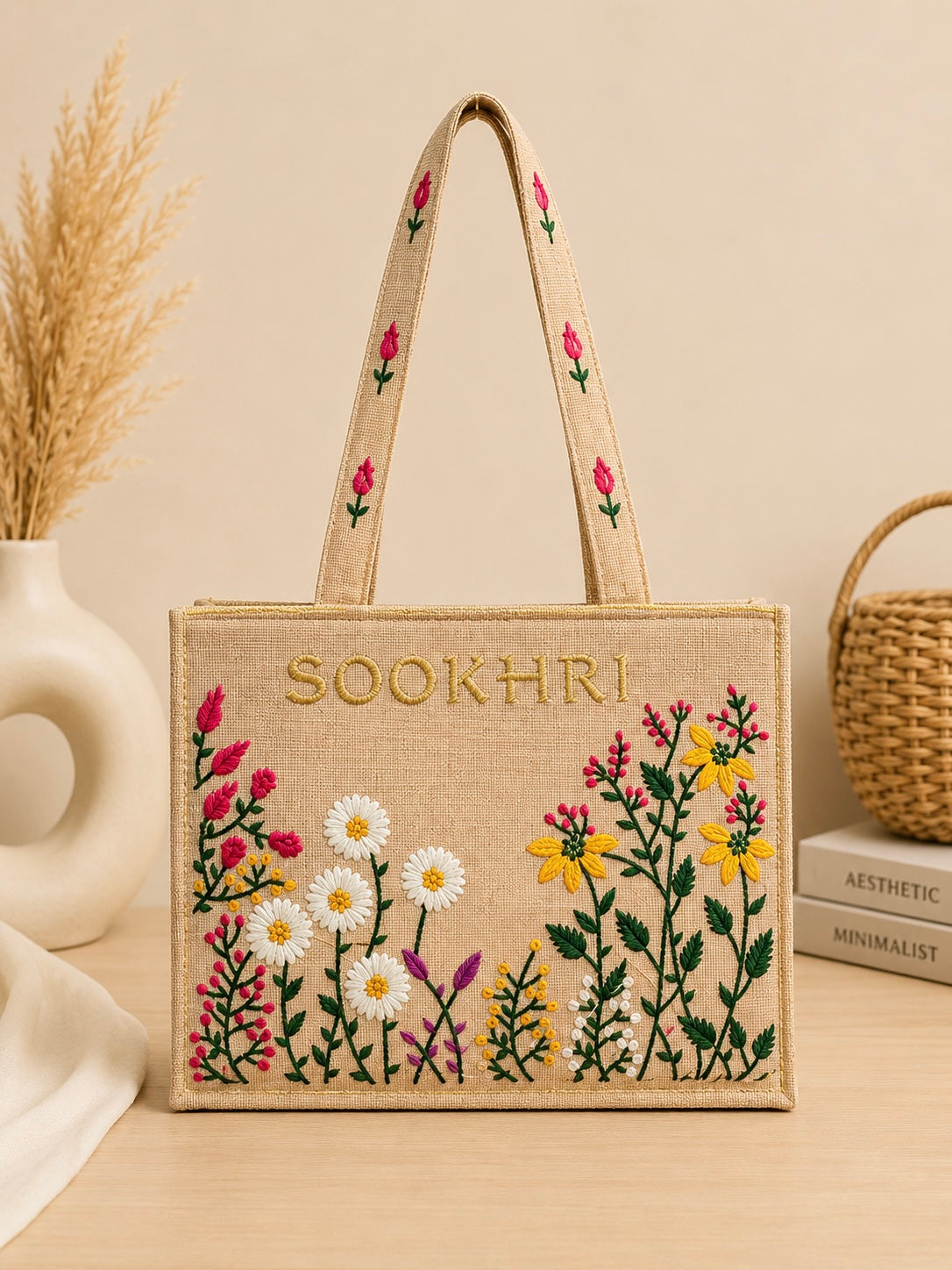 Floral Embroidered Jute Fabric Tote Bag – (14 Inches Length | 11 inches Width)