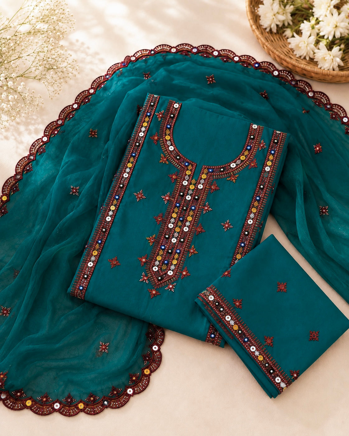Balochi Thick Thread Embroidered Lawn Cotton with Two Side Cutwork Border Embroidered Dupatta - 3PC Unstitch Dress 👗