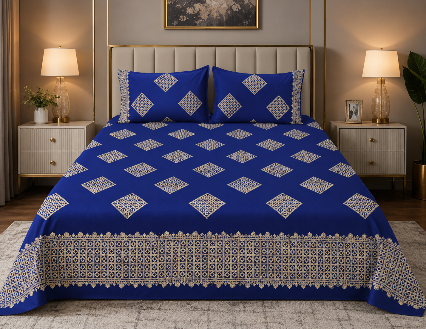 King Size Sindhi Hurmuch Heavy Embroidery Cotton Fabric Double Bed Bedsheet With Two Stitched Pillow Covers