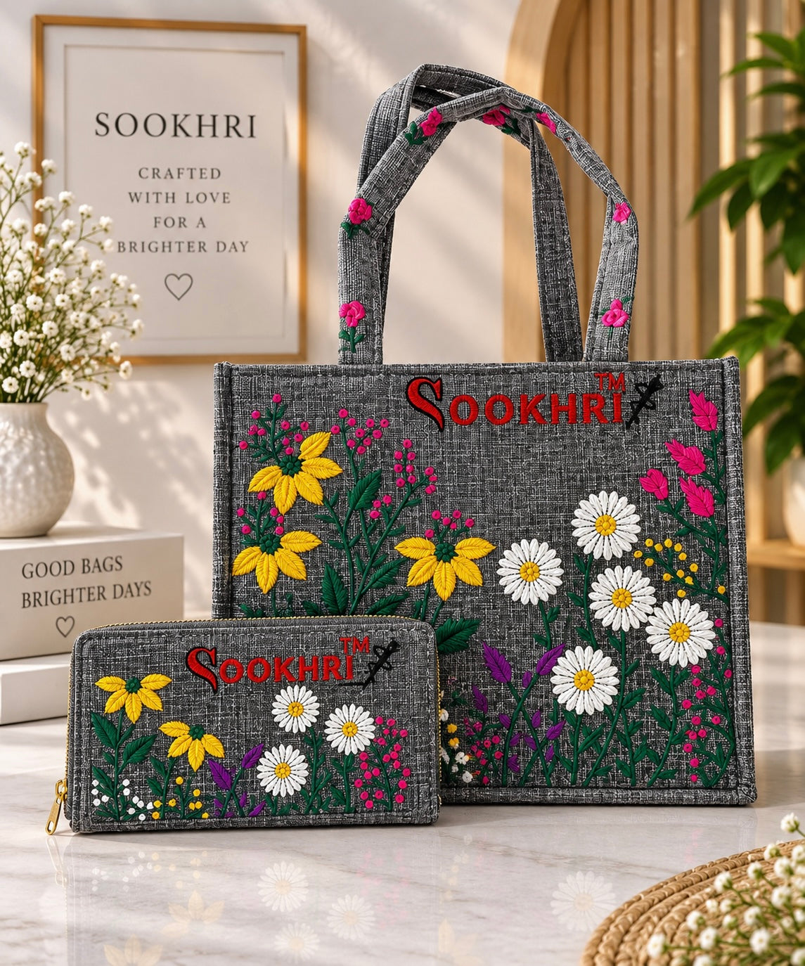 Premium Jute Fabric Floral Embroidered Tote Bag with Matching Clutch – Medium Size