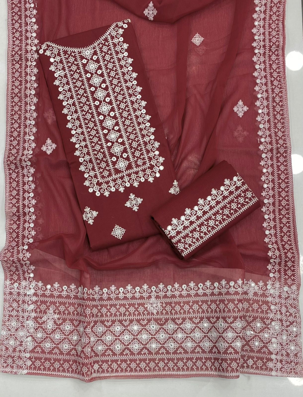 Premium 3PC Ari Hurmuch Foil Work Embroidered Suit – White Contrast