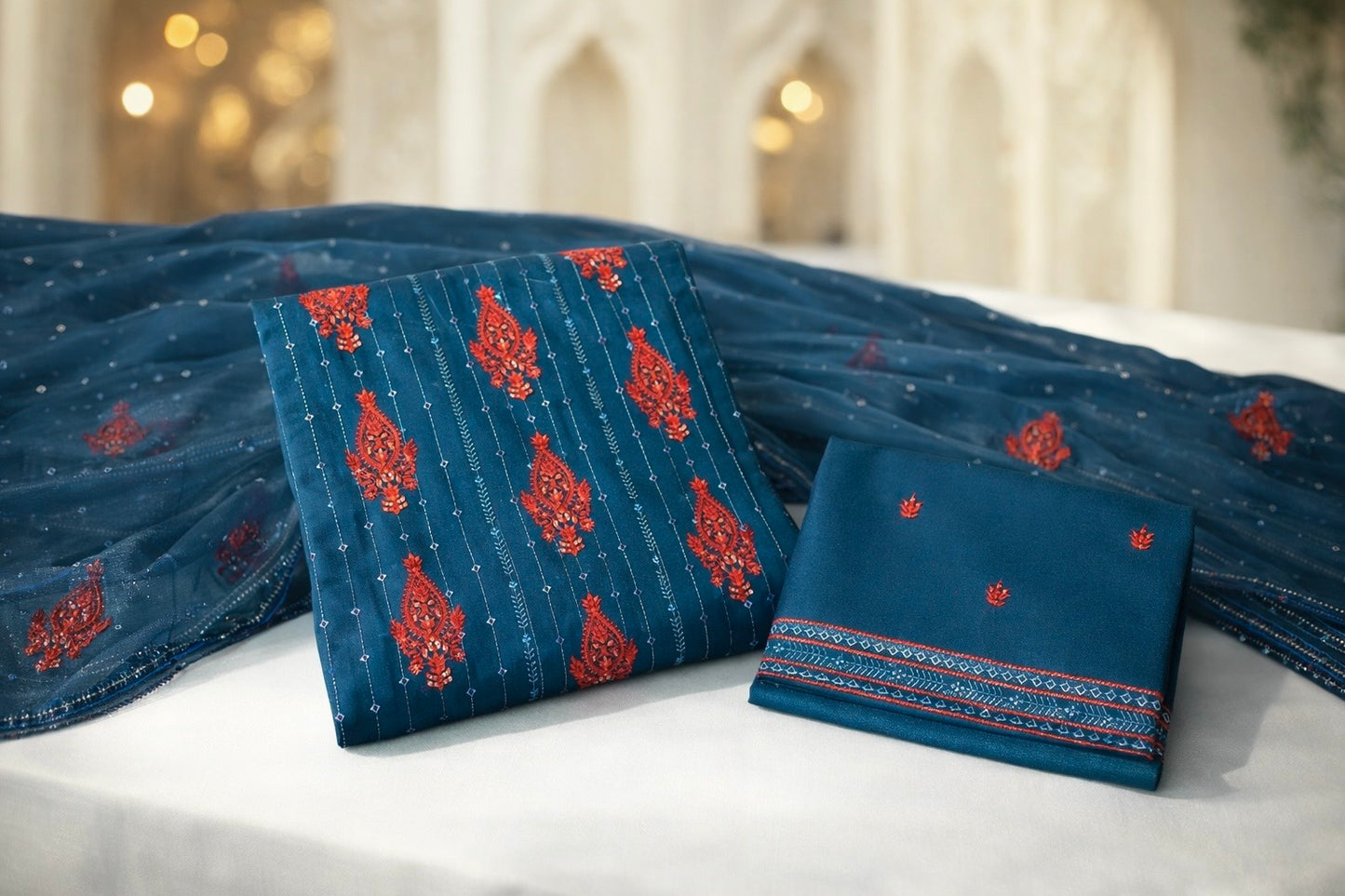 Boring 3MM Sitara Sequence Work Embroidery Soft Cotton with Chiffon Dupatta - 3PC Unstitch Dress 👗