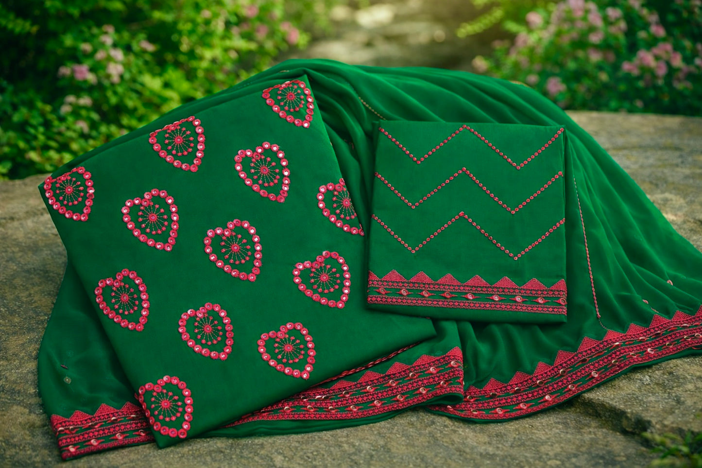 3-Piece Suit with 9mm Sitara Heart Embroidery | Lawn Cotton Shirt & Trouser with Fancy Chiffon Dupatta