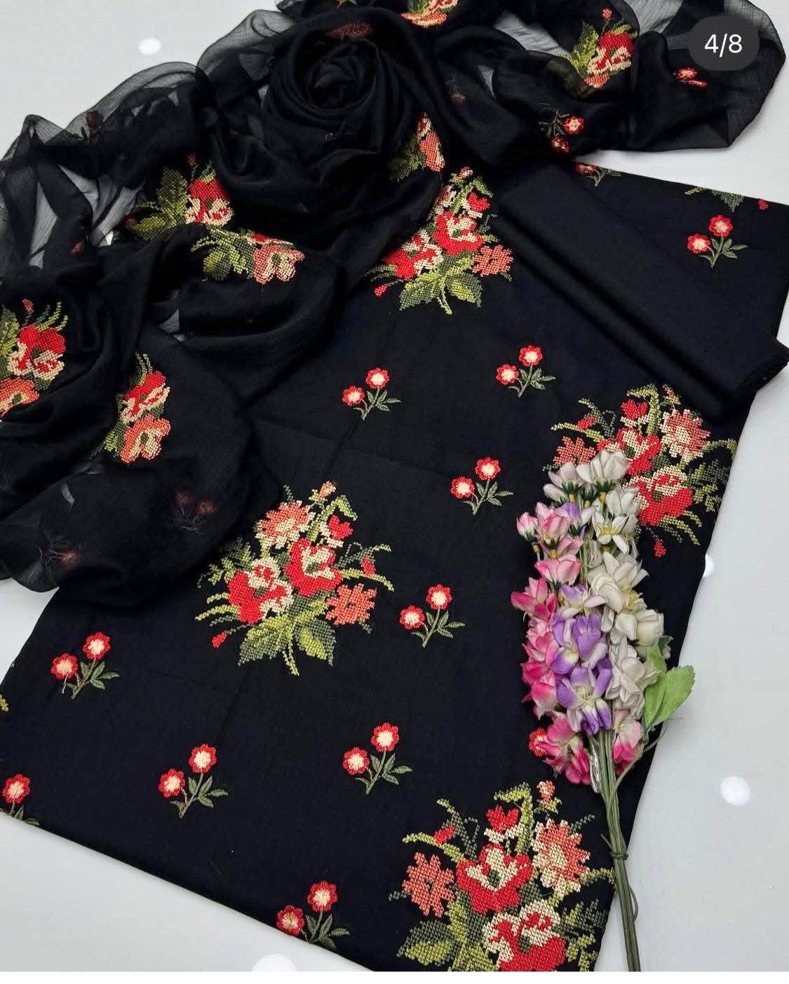 Floral Cross Stitch Embroidered Winter 3-Piece Dress – Soft Cotton & Chiffon Dupatta