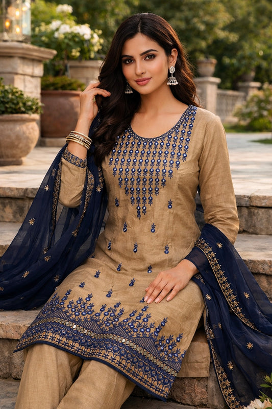 Elegant Soft Cotton 3-Piece Suit with 9mm Sitara Computer Embroidery & Contrast Chiffon Dupatta