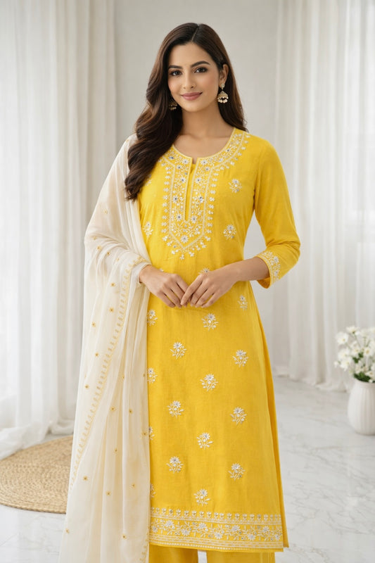 Thick Thread 9mm Sitara Embroidered 3-Piece Suit – Soft Cotton Shirt & Trouser with White Chiffon Dupatta