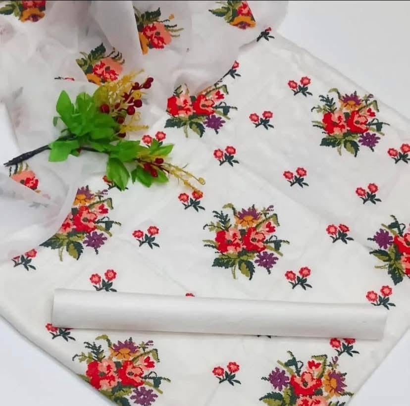 Floral Cross Stitch Embroidered Winter 3-Piece Dress – Soft Cotton & Chiffon Dupatta
