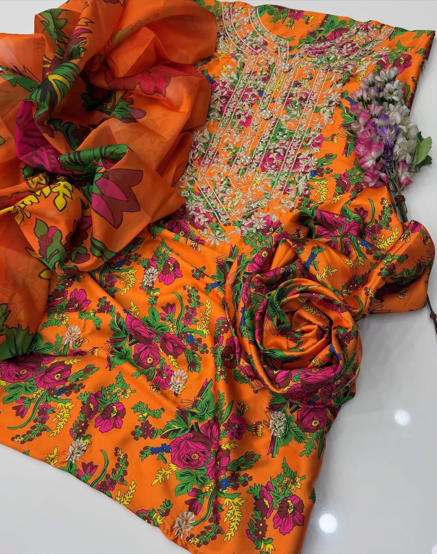 Premium Shamose Silk 3-Piece Zari Neck Embroidered Suit