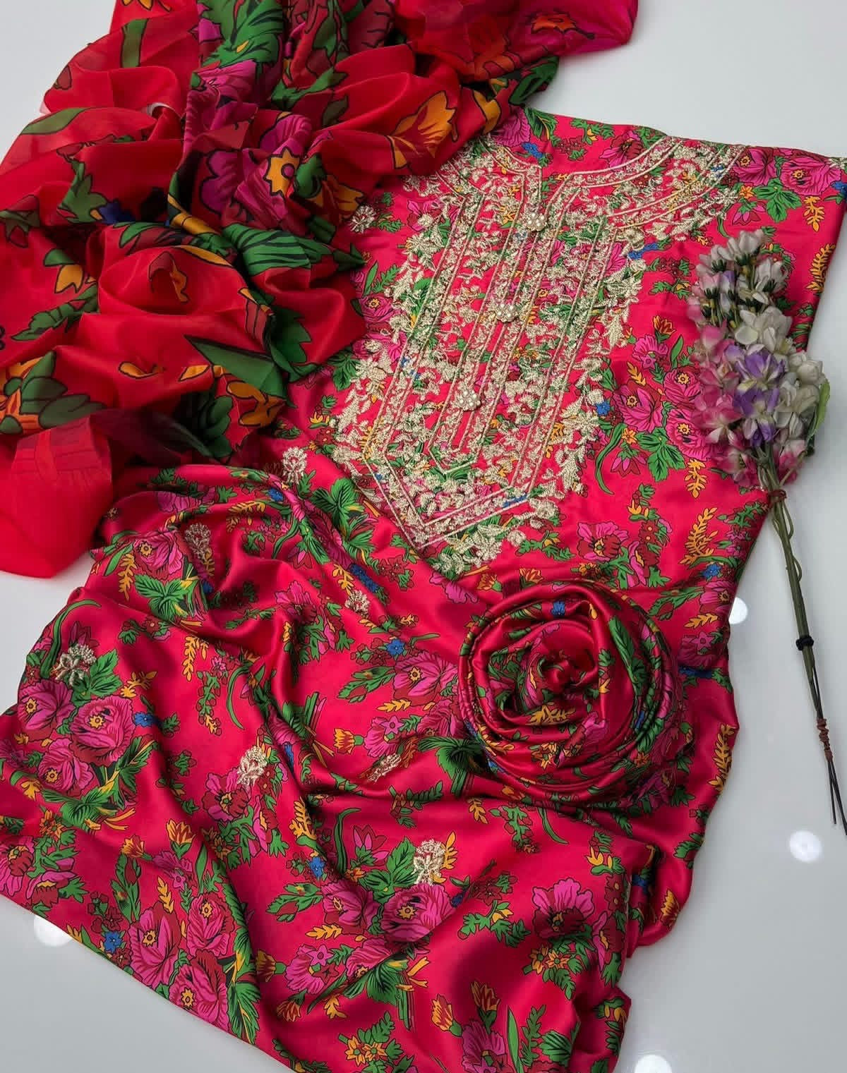 Premium Shamose Silk 3-Piece Zari Neck Embroidered Suit