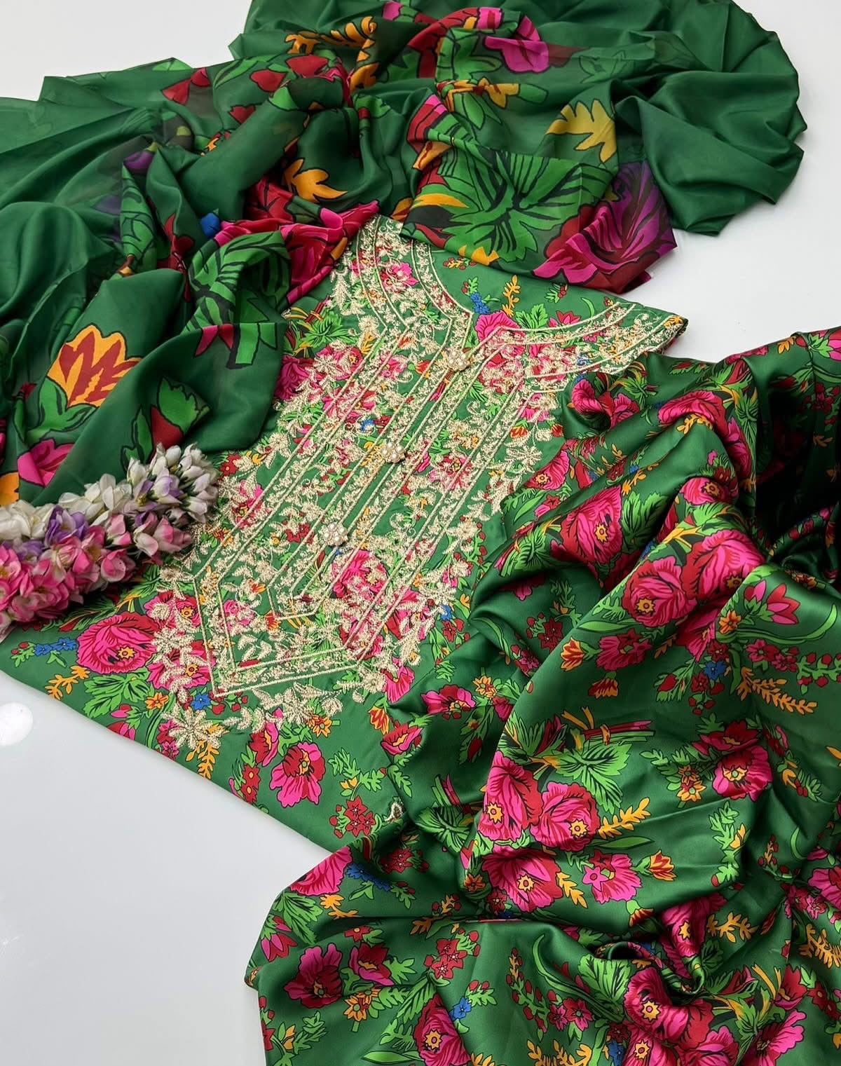 Premium Shamose Silk 3-Piece Zari Neck Embroidered Suit