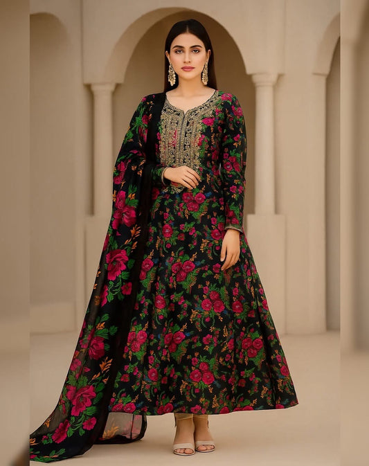 Premium Shamose Silk 3-Piece Zari Neck Embroidered Suit