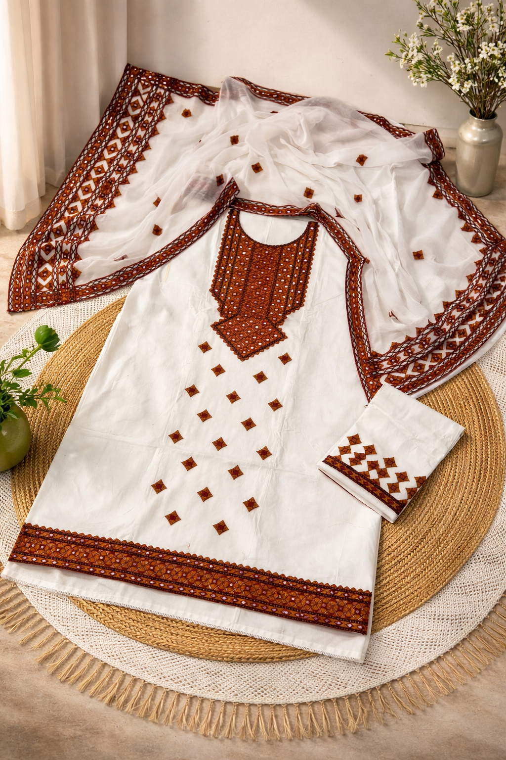 Elegant White Soft Cotton 3-Piece Suit with Aari Machine Embroidery
