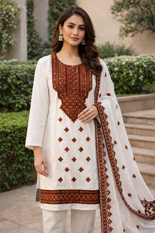 Elegant White Soft Cotton 3-Piece Suit with Aari Machine Embroidery