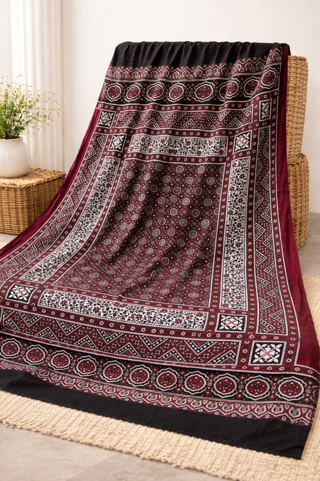 Sindhi Ajrak – Hand Block Printed | Full Size Traditional Shawl Cotton Fabric