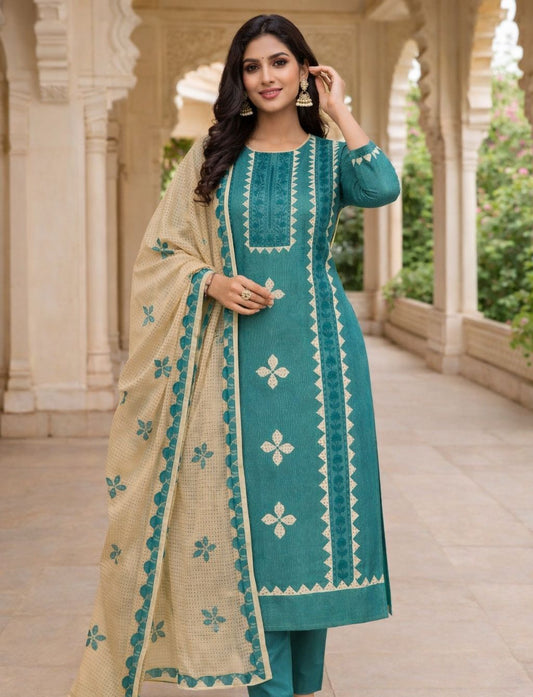 Applic Handmade 3-Piece Winter Khaddar Suit with Net Karandi Dupatta