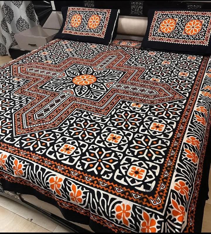 Ajrak Cotton King Size Block Print Bedsheet with 2 Unstitched Pillow Covers