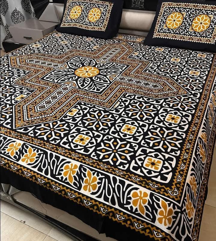 Ajrak Cotton King Size Block Print Bedsheet with 2 Unstitched Pillow Covers