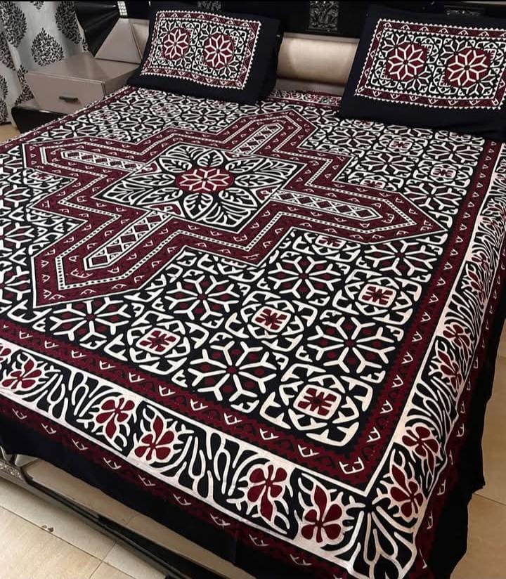 Ajrak Cotton King Size Block Print Bedsheet with 2 Unstitched Pillow Covers