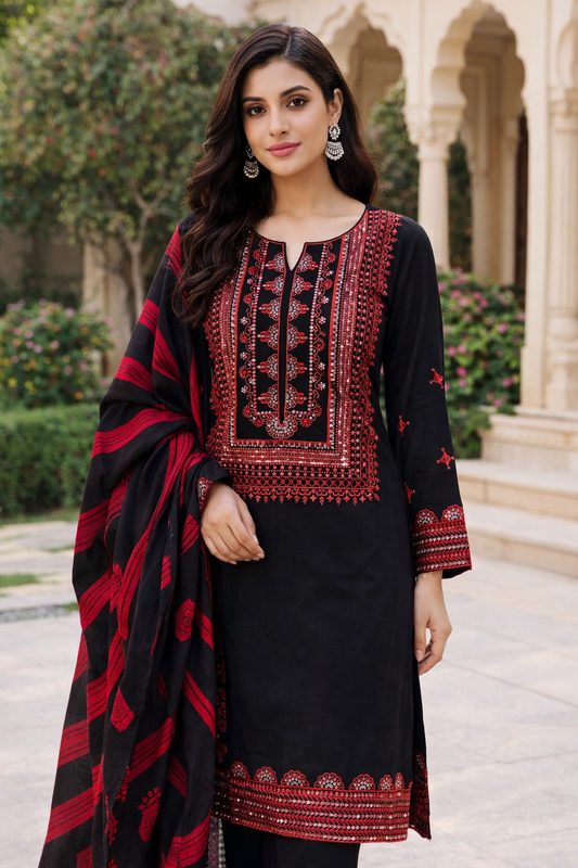 Winter Staple Sussi Suit with 3MM Sequence Sitara Computer Embroidery With Thari Shawl Jacquard Dupatta 3PC Dress 👗