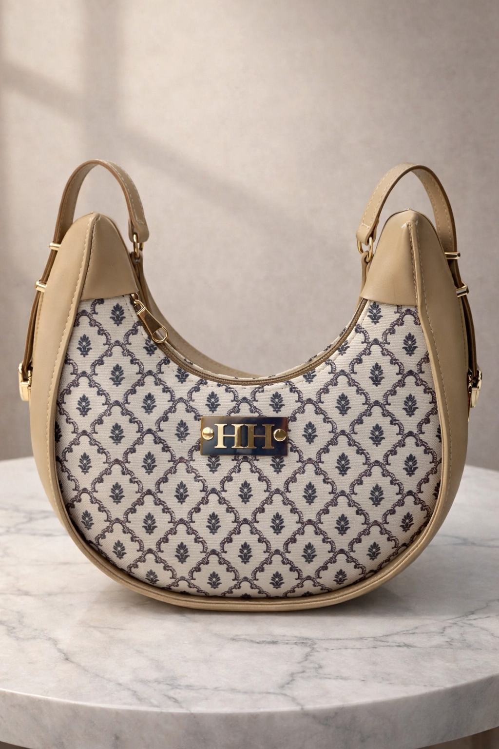 Traditional Printed Canvas Crescent Shape Shoulder Bag with Leather Trim