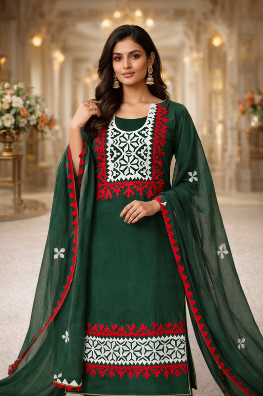 Fancy Applique Handmade Work Soft Cotton with Chiffon Dupatta - 3PC Unstitch Dress 👗