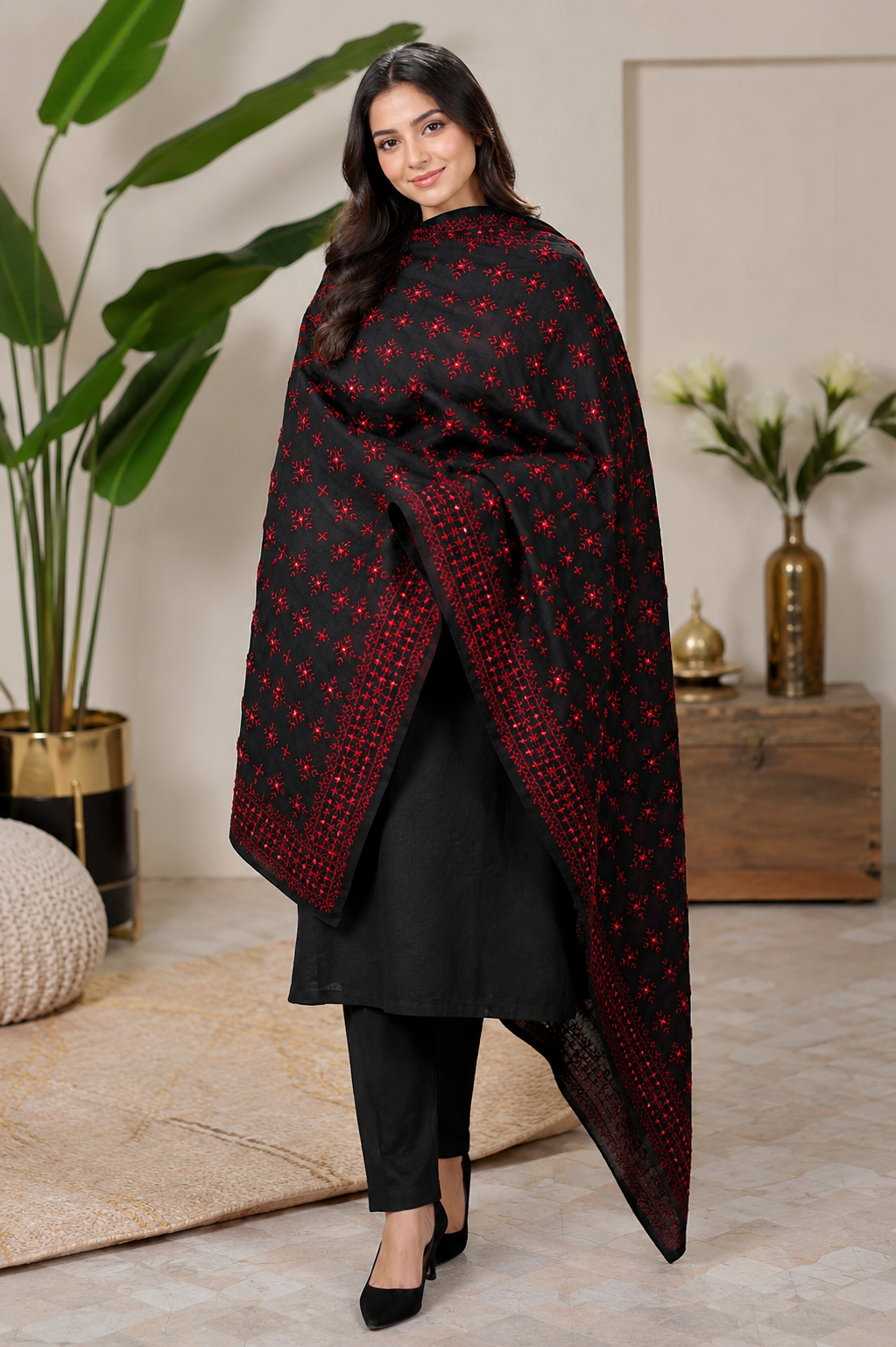 Swiss Lawn Fabric Handmade Original Mirror Work Full Jaal 4 Side Border Shawl for Women
