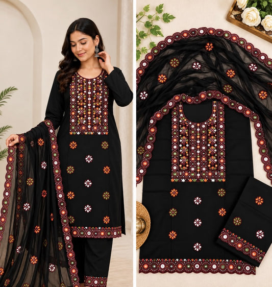 Balochi Thick Thread Multi Sitara Embroidered with Cutwork Chiffon Dupatta | 3-Piece Unstitched Suit