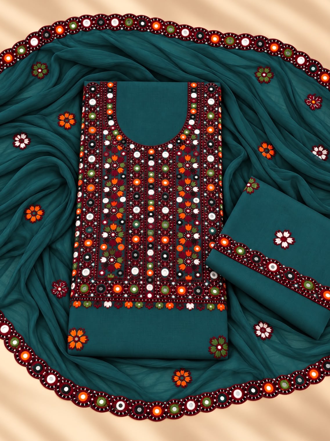 Balochi Thick Thread Multi Sitara Embroidered with Cutwork Chiffon Dupatta | 3-Piece Unstitched Suit