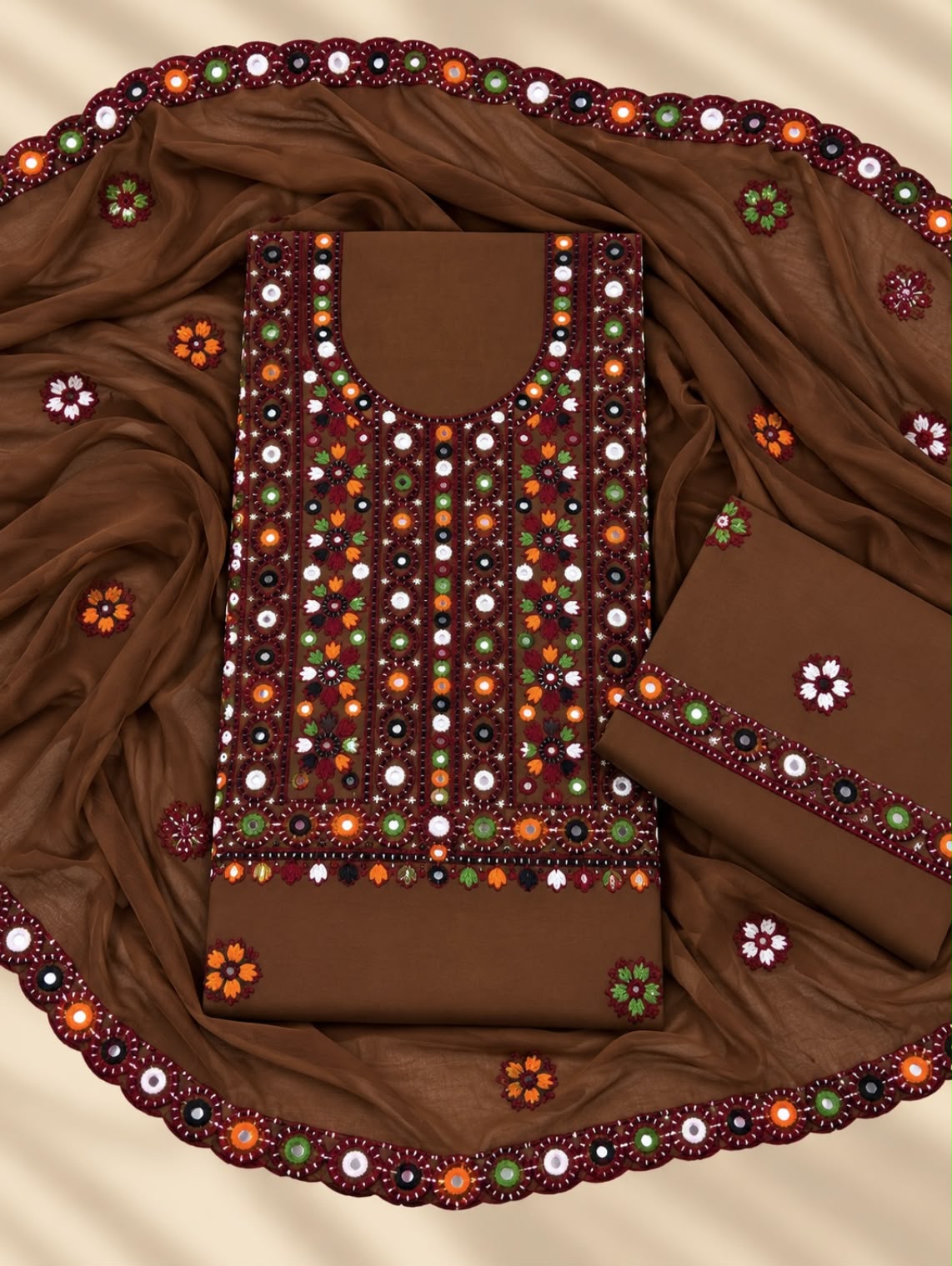 Balochi Thick Thread Multi Sitara Embroidered with Cutwork Chiffon Dupatta | 3-Piece Unstitched Suit